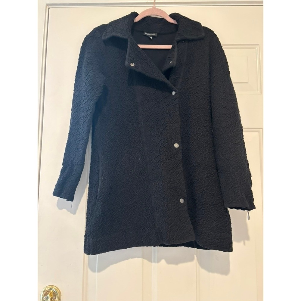 Eileen Fisher sz S minimalist black cotton sweater/cardigan jacket pockets I